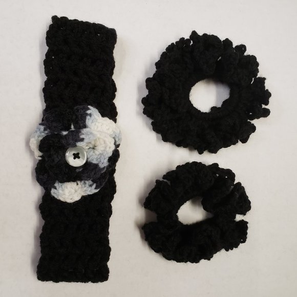 Woman's Handmade Crochet 2 Scrunchies and Flower Headband Black | New - Picture 4 of 11